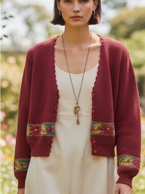 Herman Geist Petites Hand Embroidered Wool Blend Cardigan Sweater Cottagecore